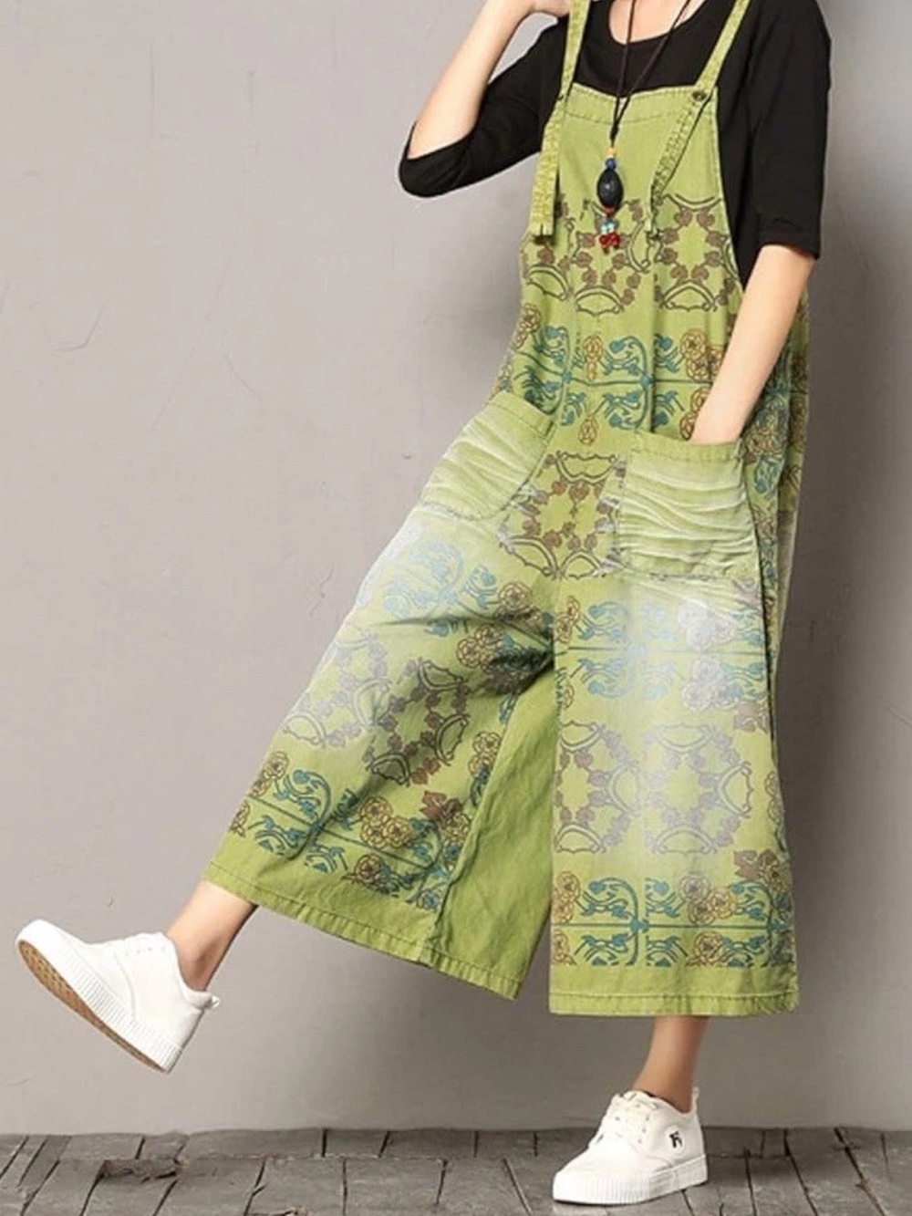 Flygo Vintage Baggy Floral Wide Leg Overalls Green Boho Lagenlook Art To Wear XL